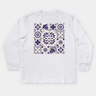 Blue Mexican Talavera Pattern Kids Long Sleeve T-Shirt